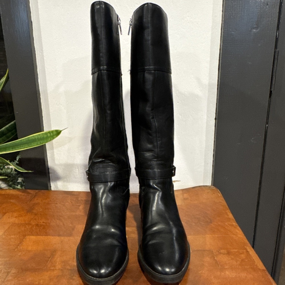 Calvin Klein Daphny Knee High Boots Black Faux Leather Silver Logo